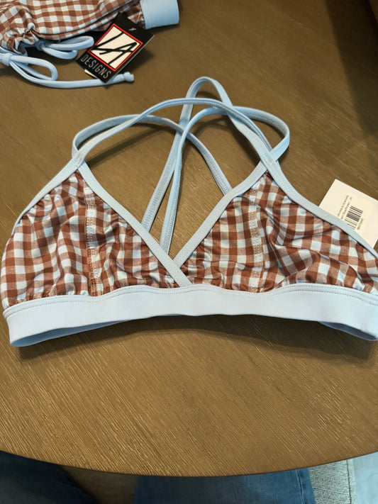 ELLIE TOP IN GINGHAM BLUE AND BROWN