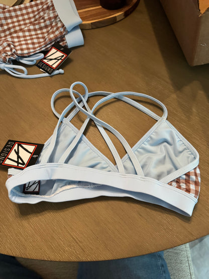 ELLIE TOP IN GINGHAM BLUE AND BROWN