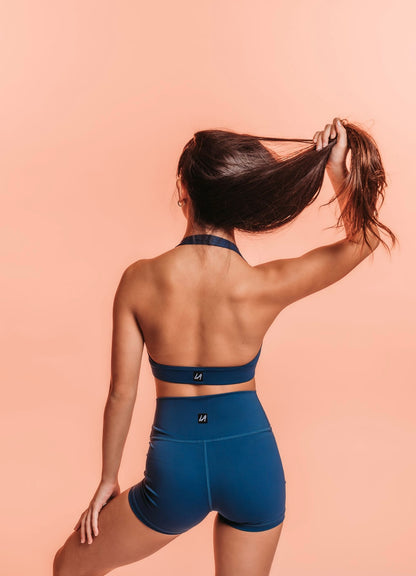 NAVY RUCHED HALTER TOP